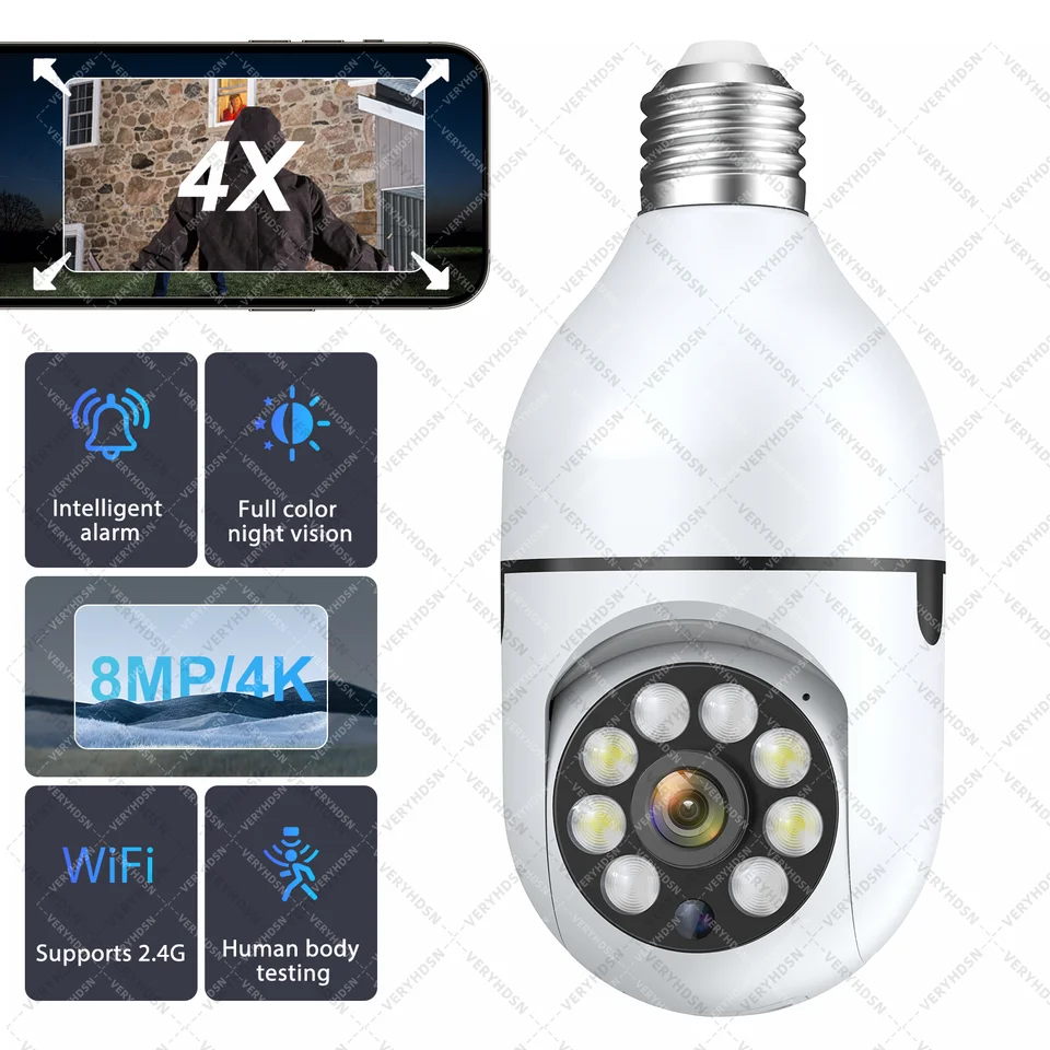 8MP žiarovka WiFi Fotoaparát E27 bezdrôtový sledovací fotoaparát v interiéri plne farebné nočné videnie AI Human Detect Smart Home 4x Digital Zoom