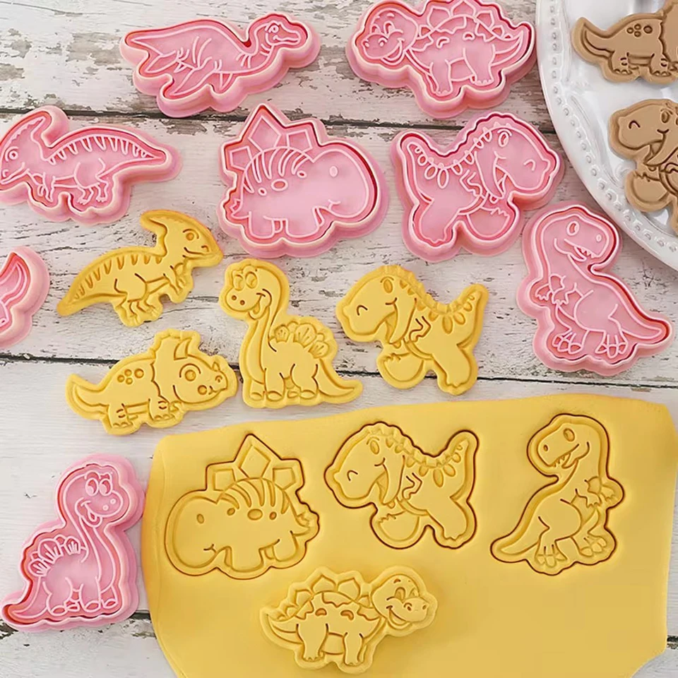 8pcs Cookie Cutters Plastové dinosaurové karikatúry sušienky pleseň Pastry Pressing Cookie pečiatka pekár