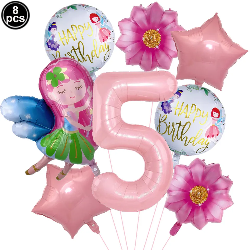 8pcs Fairy Girl Foil Ballon Pink 32inch Number Balón Girl Girl Birthday Party Decorácie Balóny Little Fairy Girls Balóny