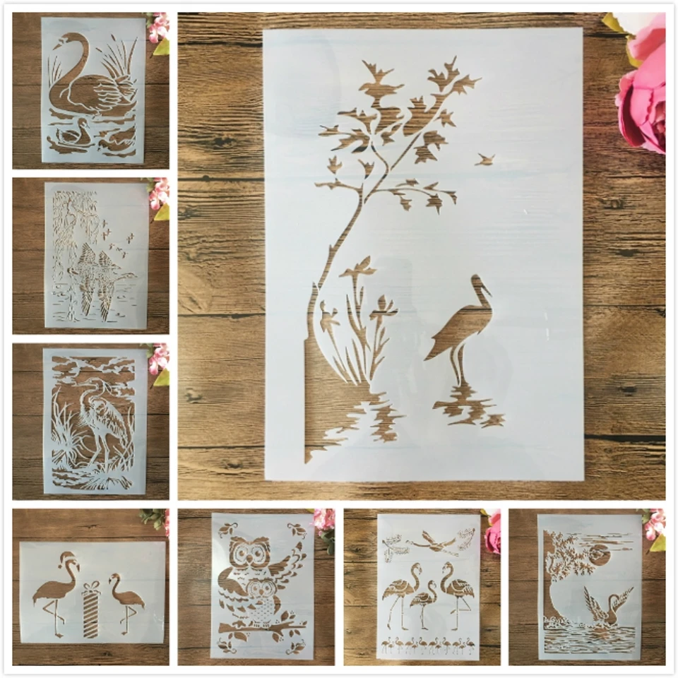 8pcs/lot a4 29cm žeriav plameniak labuť vták DIY vrstvenie šablóna nástenná maľba maľba sfarbenie edukám dekor
