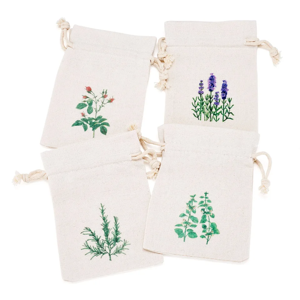8pcs Plant Pattern Cotton Linen Bag obdĺžnikový list tlače sťahovacie taška na balenie šperkov 13.2-13.7x9.2-9.6x0.1cm
