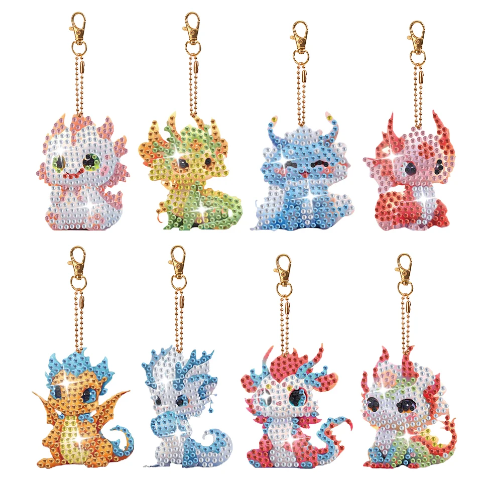 8pcs plné vŕtacie kľúče diamantové umenia kľúče obojstranný roztomilý zviera mimozmový kamienok maľba maľba Keychain prívesok pre domácich majstrov