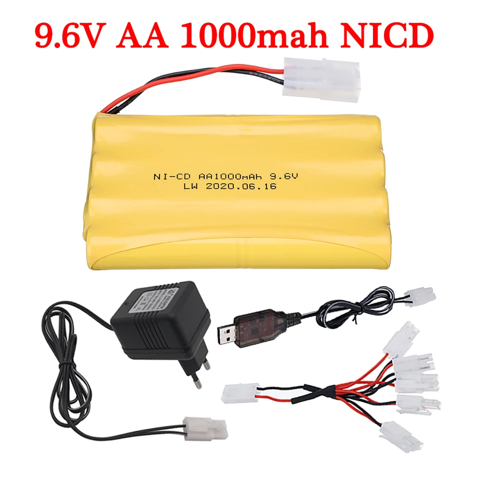 9,6 V 1000 mAh Nabíjateľná batéria pre RC Cars Tanks Robots Boat Hračky Gun Gun Tamiya Plug Nicd AA 9.6V batéria s nabíjačkou