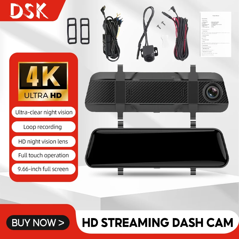 9,66-palcový HD 4K dotyková obrazovka WiFi Streamovanie spätného zrkadla DASHCAM DVR DVR predné a zadné video zapisovanie nočné videnie