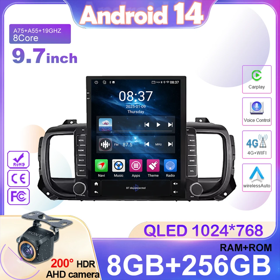 9.7 Vertikálna obrazovka Android 14 Car pre Citroen Jumpy 3 Peugeot Expert 3 2016-2021 pre multimediálnu navigáciu v štýle Tesla v štýle Tesla