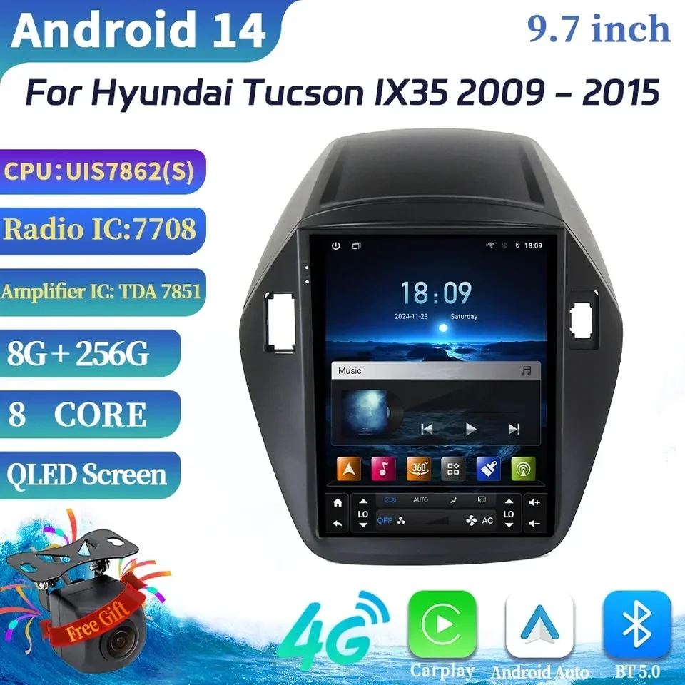 9,7 ″ pre Hyundai Tucson IX35 2009-2015 Rádio Multimediálne navigačné bezdrôtové bezdrôtové pripojenie CarPlay 4G GPS Central Android Multimedia Screen Screen Screen