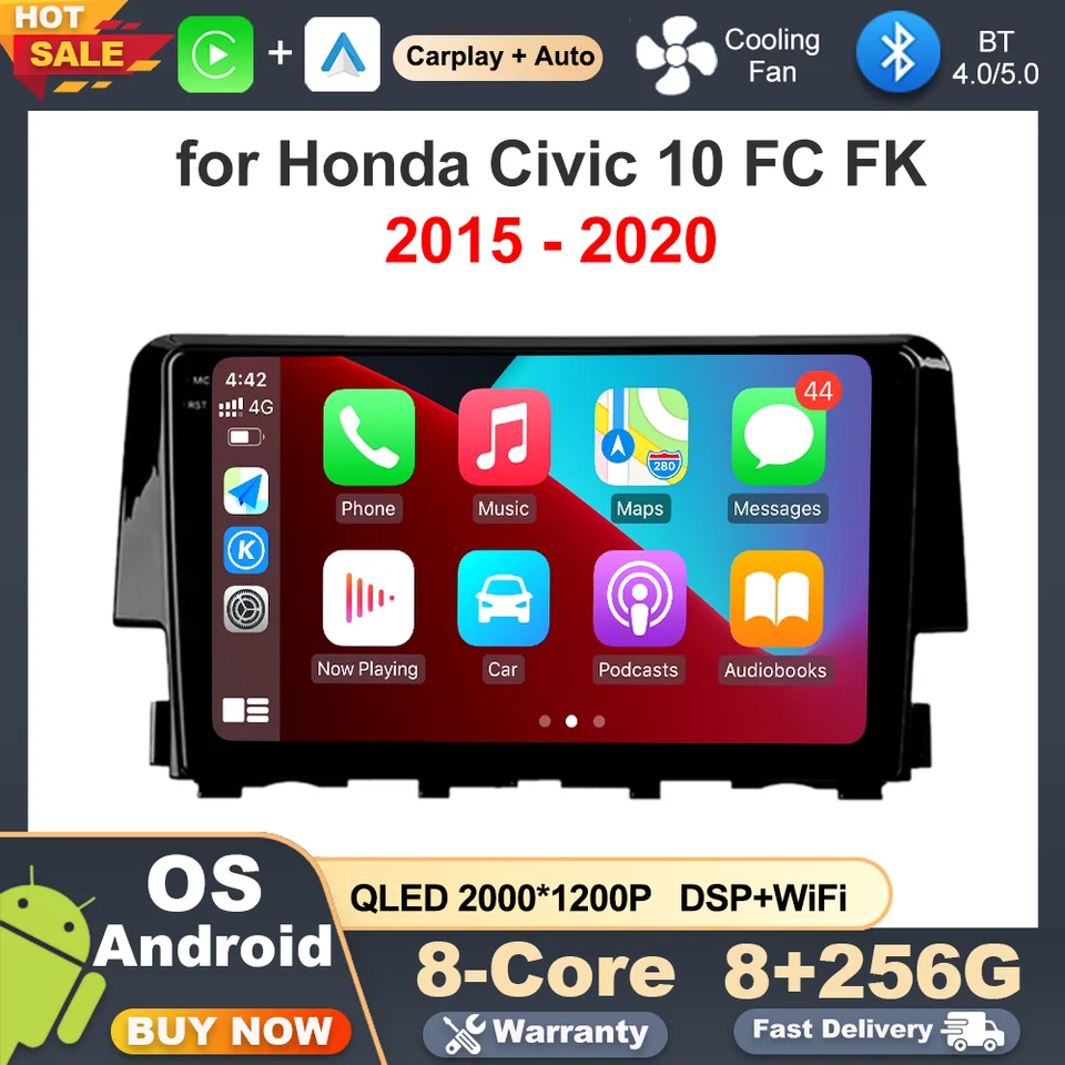 9 '' auto multimediálne Android OS pre Honda Civic 10 FC FK 2015 - 2020 Radio prehrávač dotykovej obrazovky bezdrôtového CarPlay Bluetooth Stereo