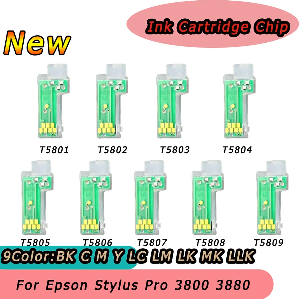 9 farieb T5801-T5809 Atramentové kazetové čipy pre Epson Stylus Pro 3800 3880 Trvalý čipový snímač Arc Auto Reset Chip