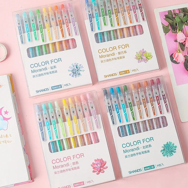 9 ks farebné gélové perá súprava 0,5 mm denník zošita Kawaii Ballpoint Pens Stationaly Retrattractable Pen Office Accessories