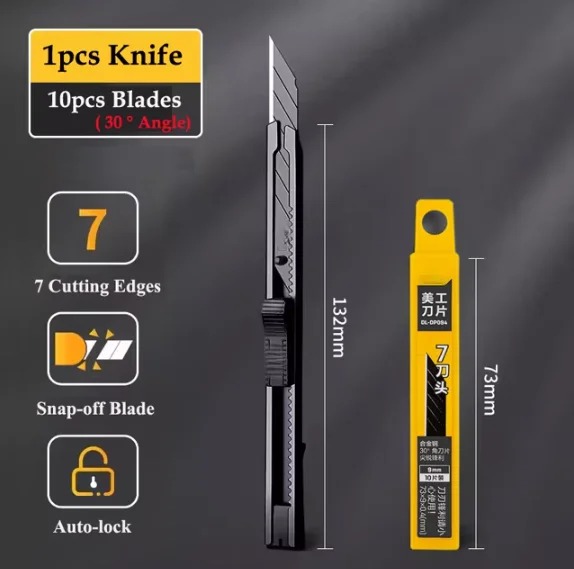 9 mm Sharp 30 stupňový nôž noža Kov kov z nehrdzavejúcej ocele Cutter SK5 uhlíková oceľ Čierne čepele kartónový papier Rezatie papiera