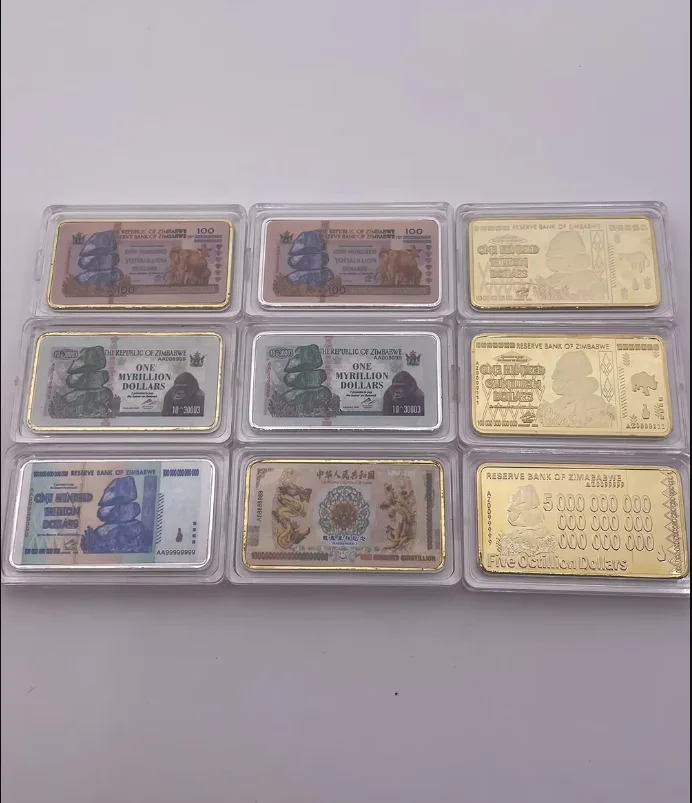 9 návrhov sto biliónov Quintillion 30003 Yottalilion dolárov Zimbabwe Yellow Dragon Bullion Bar pre darčeky zbierky