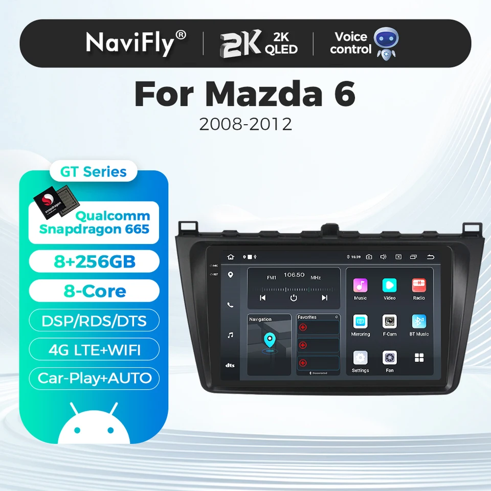 9 palcov 256 GB Android 14 Car Radio 2K HD Multimedia Player pre Mazda 6 6 (GH) RUI 2008-2015 Hostiteľ CARPLAY GPS 4G Navigation System Host