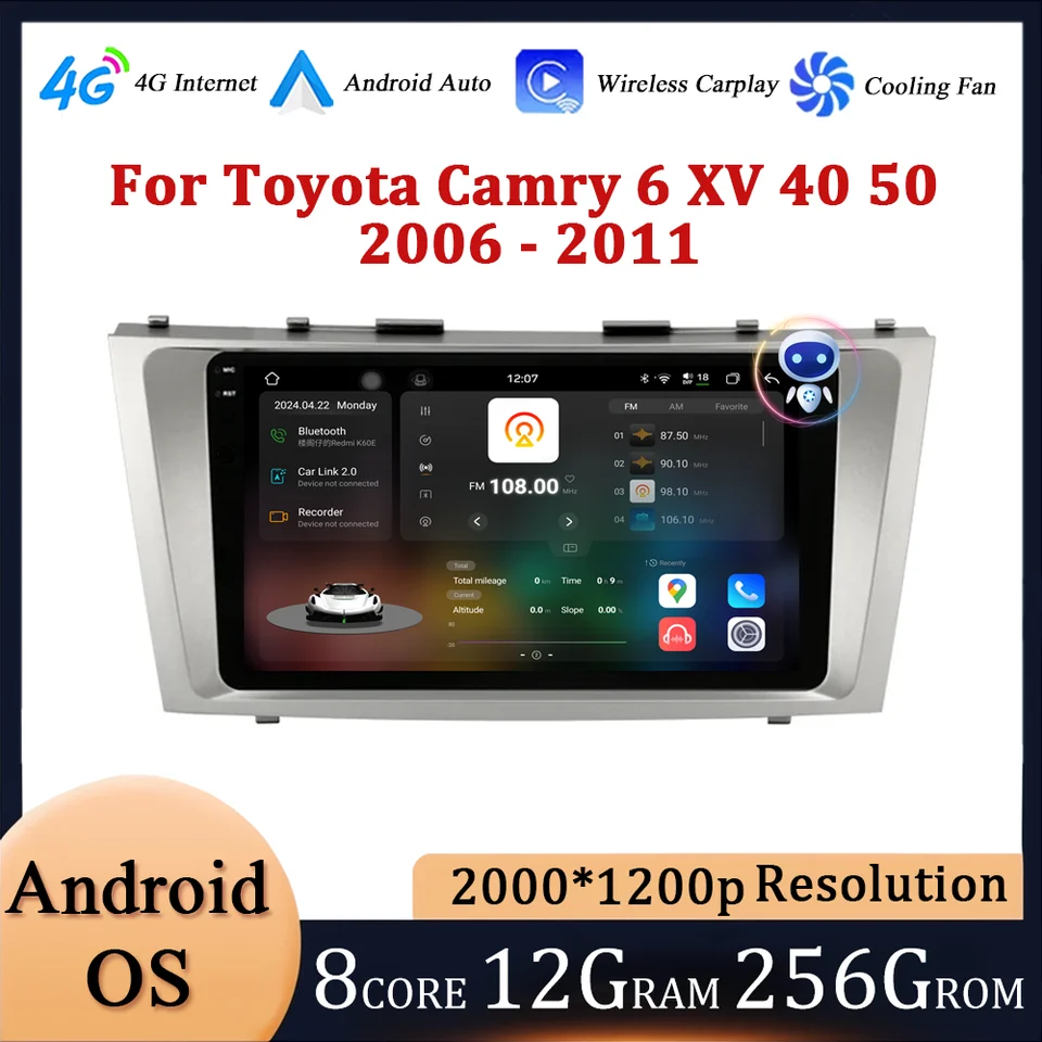 9 palcov pre Toyota Camry 6 xv 40 50 2006 - 2011 AUT Audio Player Android OS DSP Stereo 2,5 D Touch Screen 4G GPS Navition