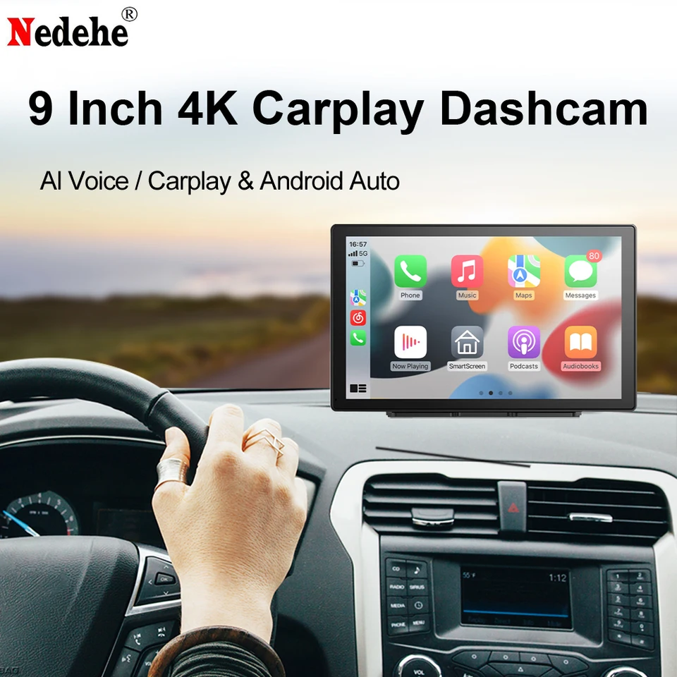 9 -palcový displej automobilu 4K a 1080p DVR DVR Video Recorder Wireless CarPlay a Android Auto Monitor prenosný Dashcam aux BT