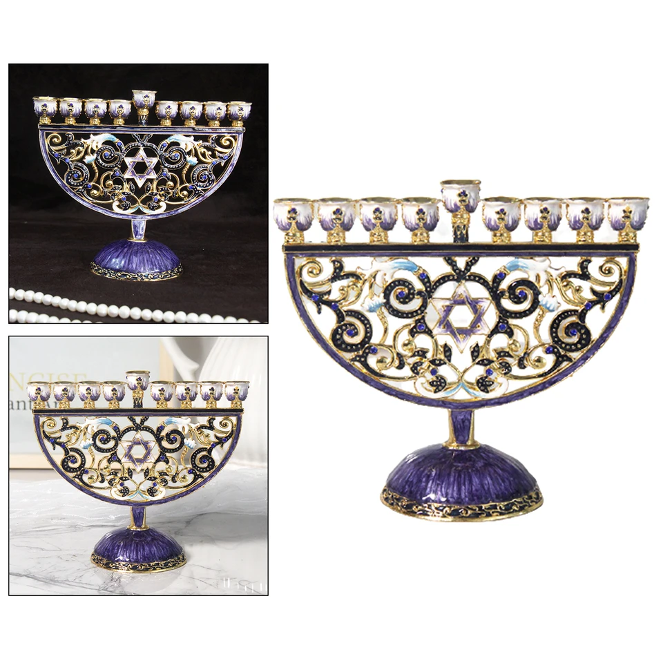 9 pobočiek Candelabrum Hanukkah menory Judaism Star hviezdy Davida smaltovaný sviečkami Chanukah Candelabra zdobené kryštály