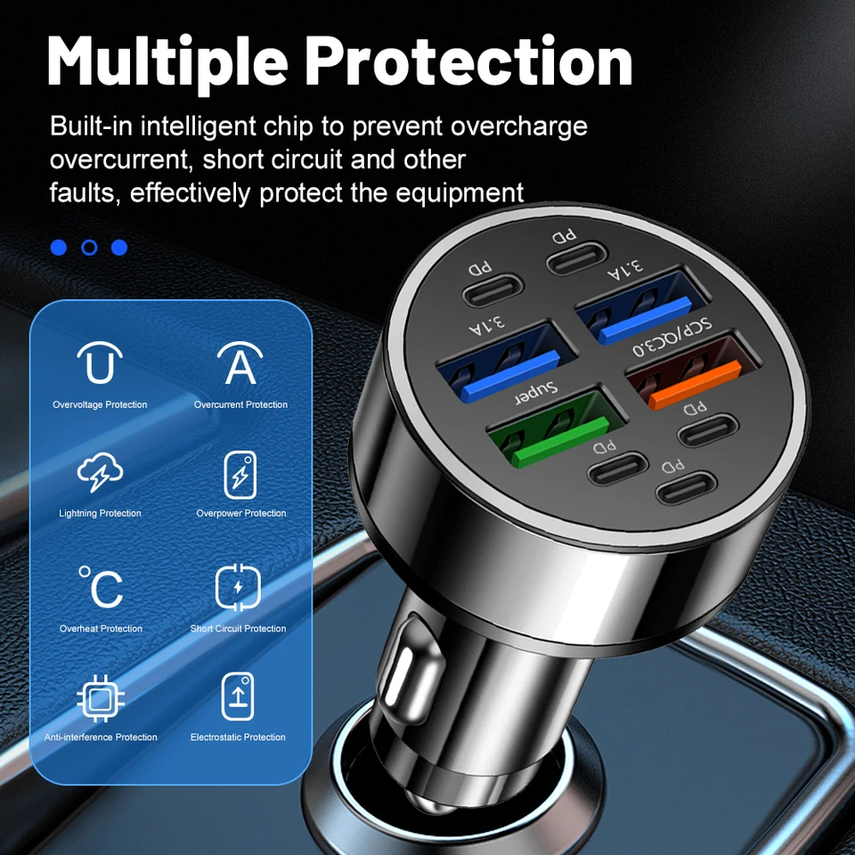 9 portov nabíjačka autom rýchle nabíjanie PD QC3.0 USB C Automatický telefón nabíjačkou v aute pre iPhone Samsung Huawei Xiaomi