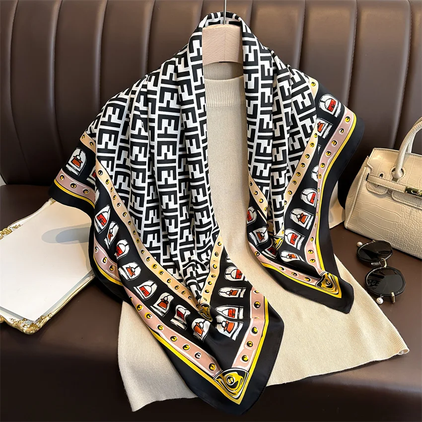 90*90 cm luxusná značka Twill hodváb Veľký šál Ženský módny pás Satin Square ženský dizajn vreckovky Bandanna Fould