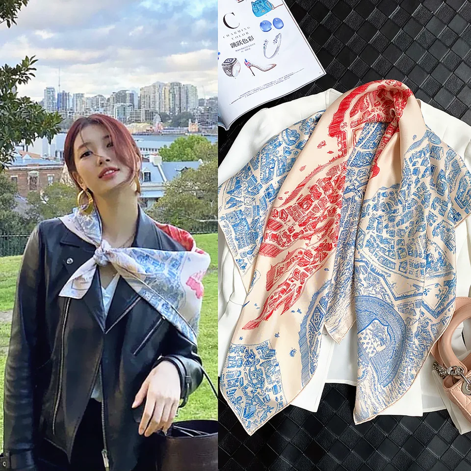 90 cm manuálne ručne valcované kepové hodvábne šatky Ženy Horse Map Square Šatky echarpes foulds femme wrap lady bandana hidžáb