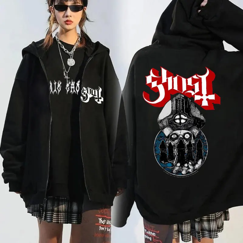 90. roky Vintage Ghost Band Zip Up Hoodies Men Gothic Rock Metal Music Mikiny pár nadmerných streetwear zipsových kabátov