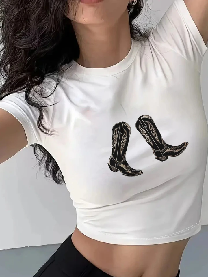 90. roky Y2K Street Fashion Slim Fit Tričko s krátkym rukávom spárované s klasickým vzorom pre dizajn batožinového dizajnu