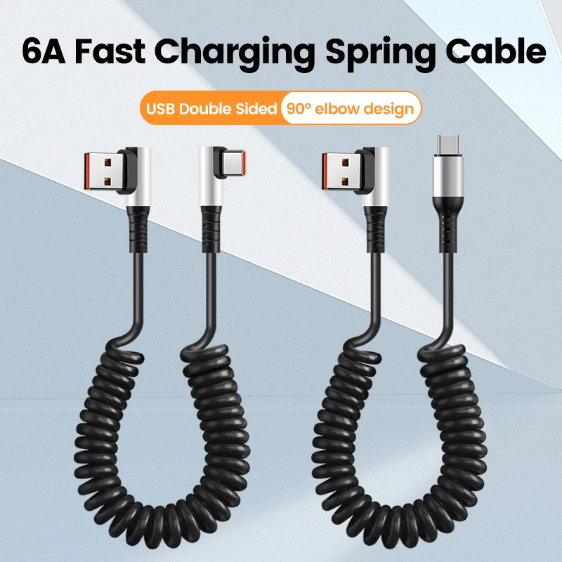 90 stupňov lakte Spring kábel USB Typ C 6a Rýchle nabíjanie 0,35-1,6 m natiahnuteľné údaje USB C K kábel typu C pre iPhone 15 Android