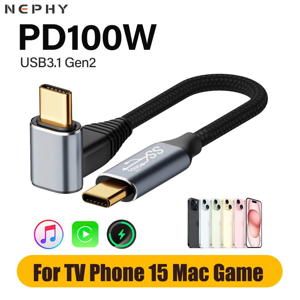 90 stupňov USB 3,1 Gen 2 Typ C Kábel pre iPhone 15 Pro MacBook Samsung S23 plus PD 100W Data nabíjačka USBC 1M 2M 3M 3M kábel 4K Video