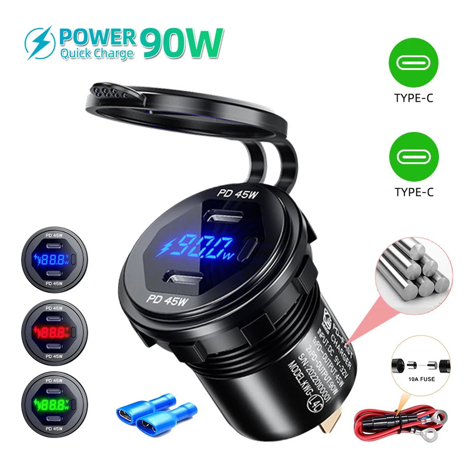 90 W Super rýchle nabíjacie cigarety zapaľovač cigariet QC3.0+PD Port Rýchle nabíjanie LED displej LED Displej 12v 24v pre loď RV Witerproof