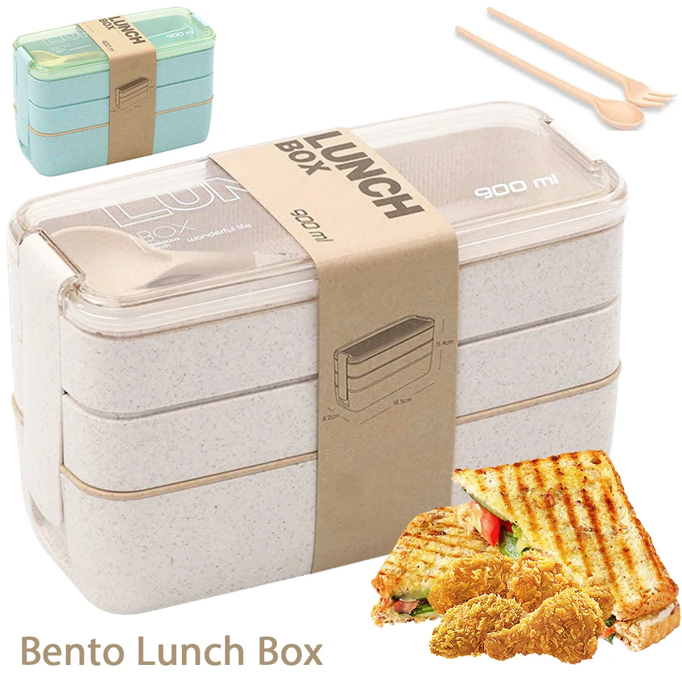 900 ml obedovej skrinky Mikrovlnné 3-vrstvy 3-vrstvy Odnímateľná prenosná pšeničná slama bento box opakovane použiteľný zdravý plastový bento pre dospelých deti