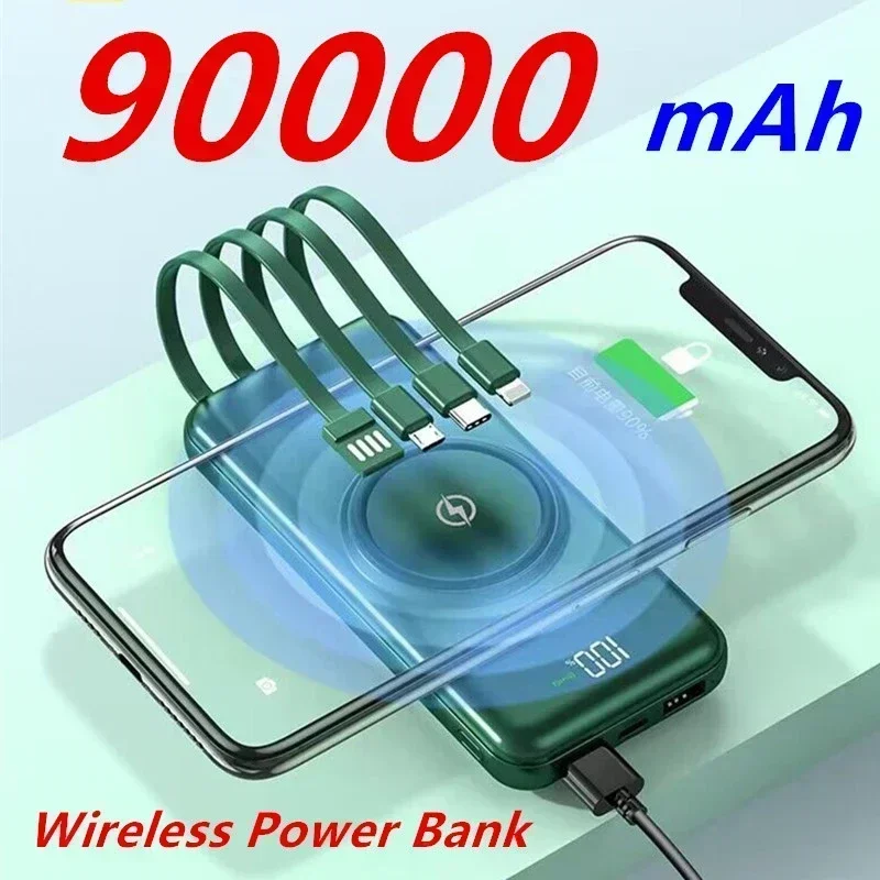 90000 mAh Wireless Power Bank PD15W Rýchle nabíjacie nabíjacie nabíjačka Digitálna displej Externá batéria Vstavaná v kábloch 4USB pre Xiaomi iPhone