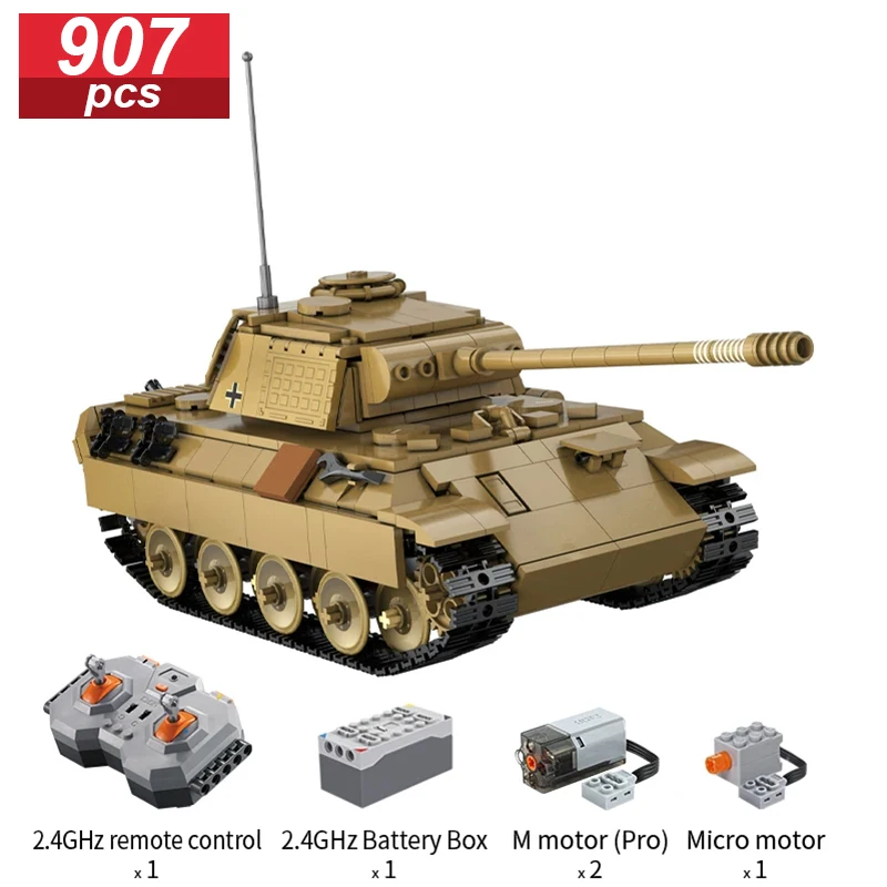 907ks Vojenské mesto diaľkové ovládanie WW2 Panther Tank Building Blocks RC Army Army Army Army Weapon Hračky