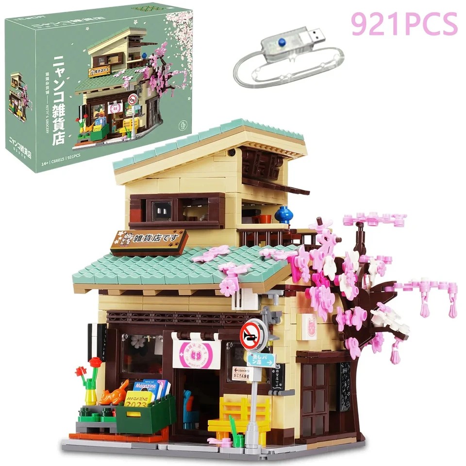 921ks Cat Grocery Store Building Blocks Blocks Creative City Street Scene MOC MODEL BRICKS SET S Lights Detské vzdelávacie hračky Darčeky