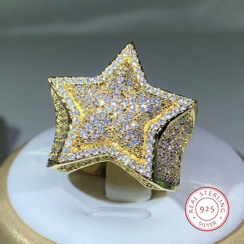 925 Silver Classic Yellow Gold Päťhviezdičkový zirkónový prsteň pre ženy a muži Veľký prsteň Party Darček pre šperky