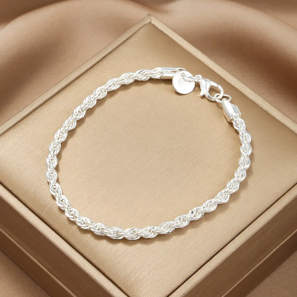 925 Sterling Silver 4 mm skrútené lane náramky pre ženy Men Modení Minimalistický pár retiazky náramok Unisex Party Darčeky