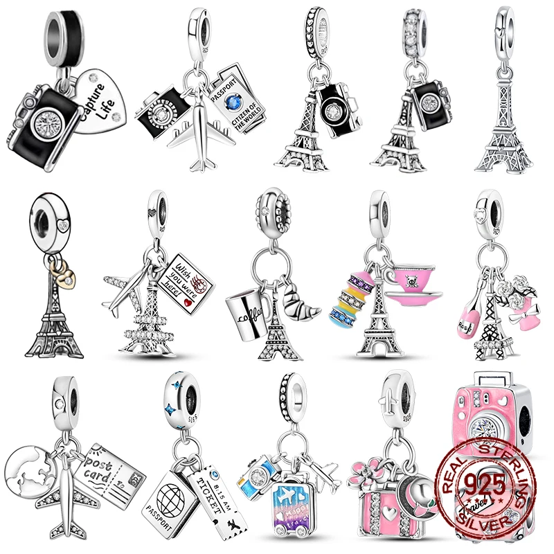 925 Sterling Silver Camera Iron Tower Aircraft Travel Kúzla korálky Fit náramky s priemerom otvoru 4 mm, výročie výročia šperkov Ženy