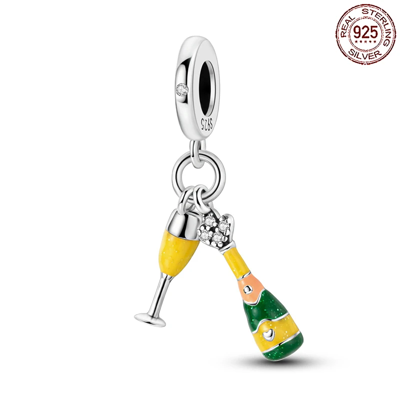 925 Sterling Silver Champagne Glass Glass Yellow Pendant Pmel Fit Original Pandora Charms náramky Ženy