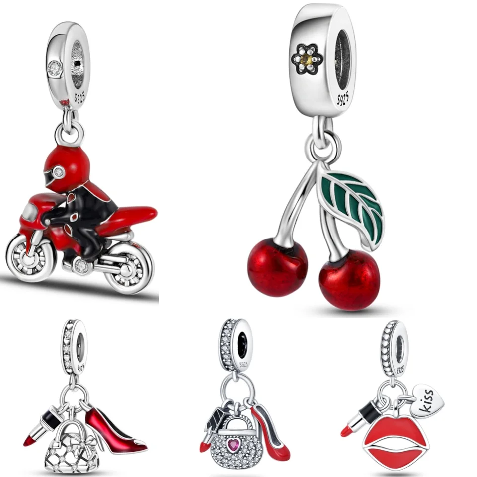 925 Sterling Silver Cherry Motocykel Bag Červené série kúzla PEADS Pendant Fit Original Pandora náramky S925