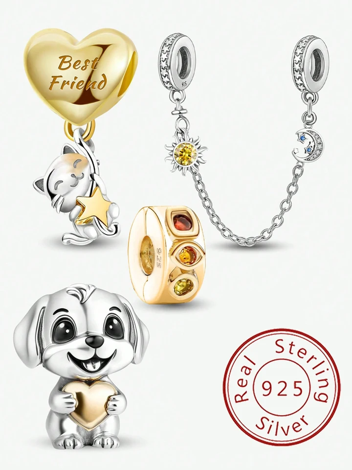 925 Sterling Silver Crown Love Heart Cat Yellow Series Charms Fit Original Pandora náramky pre ženy DIY jemné šperky