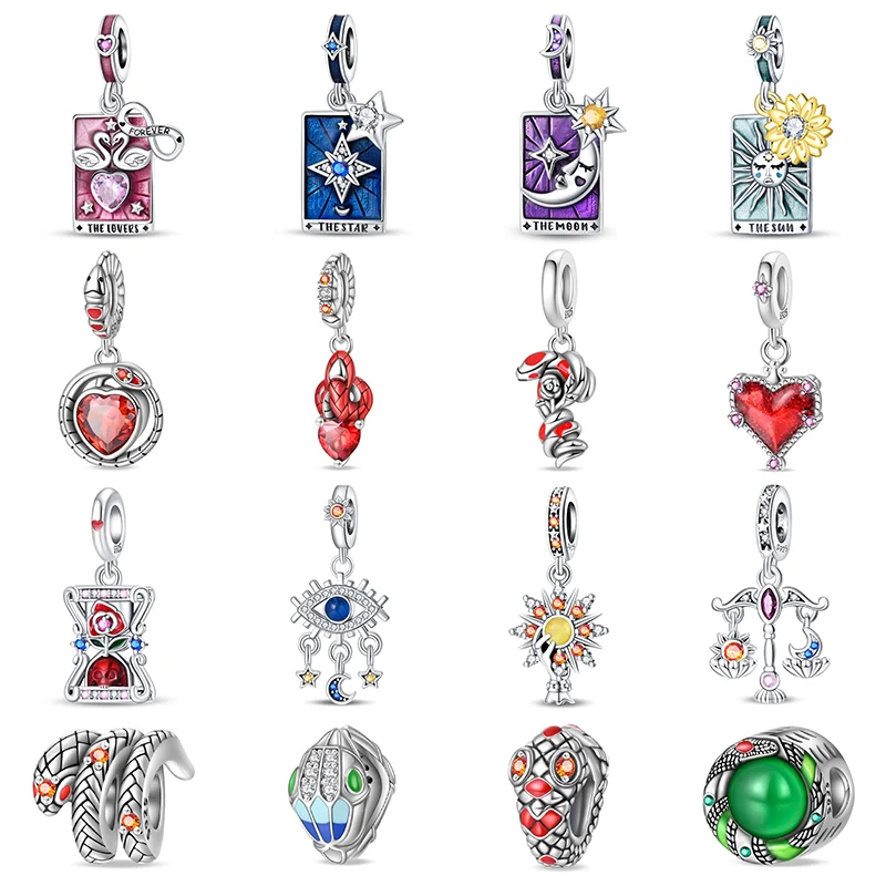 925 Sterling Silver Fashion Star Moon Tarot Card Red Heart Fire Hadov kúzla korálky pre značku Originálny náramok DIY Darček pre šperky