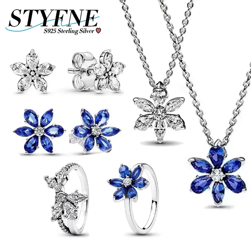 925 Sterling Silver Flash Blue and White Glass Flower Series Náušnice Náušnice Ring Ring Jewelry Set Dámsky špičkový šperk darček