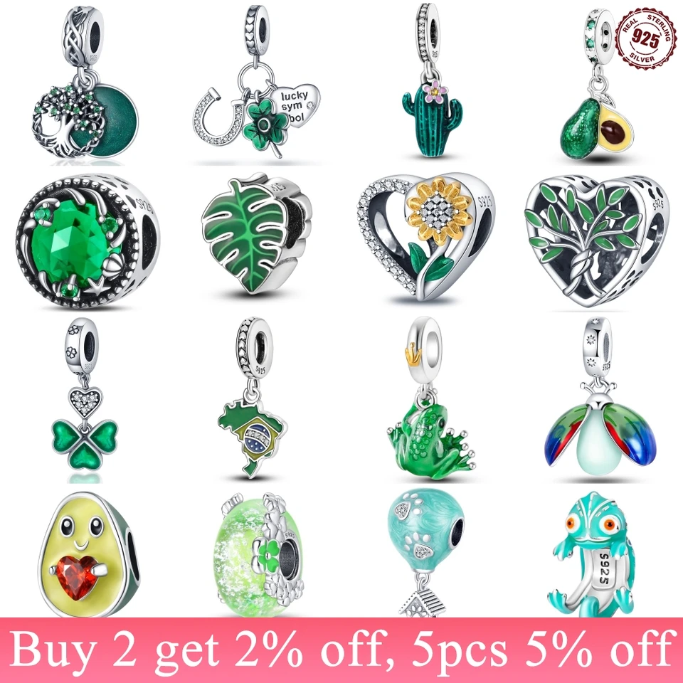 925 Sterling Silver Green Series kúzla štvorlístok Clover Avokados korálky Fit Noste originálny náramok DIY Dámske šperky