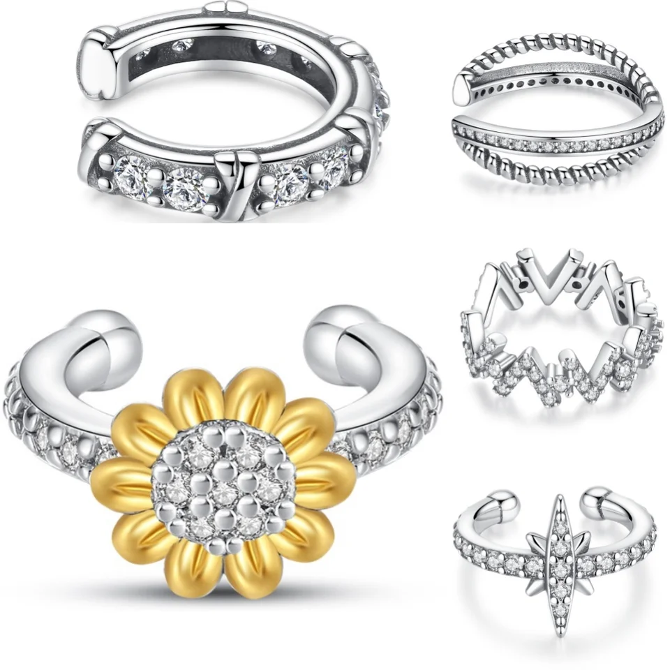925 Sterling Silver Minimalistické kvetinové série klipové náušnice pre ženy Geometrická uši manžety bez prepichnutia Dievčatá šperky nové darčeky