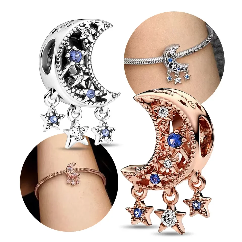 925 Sterling Silver Moon Star Sun Blue Glod Pendant Pendant Fit Pandora Charms Náramky pre ženy