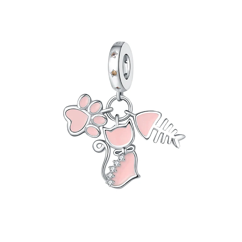 925 Sterling Silver Pink Cat Fish Bone Prívesok kúzlo Fit Original Pandora Charms náramky Ženy DIY Darček pre šperky