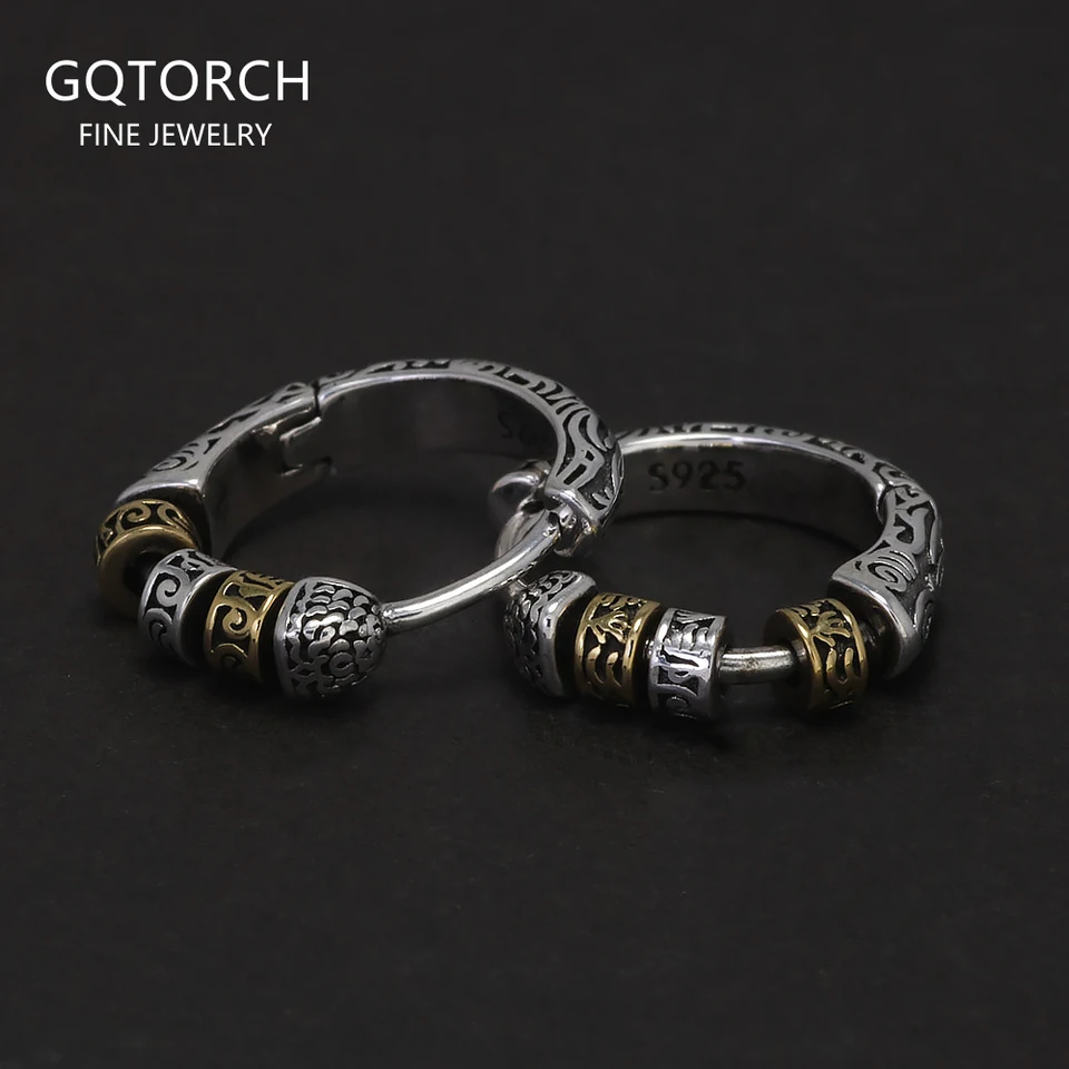 925 Sterling Silver Vintage Huggie náušnice pre mužov Ženy Dvojfarebné vyrezávané otočné korálky Punk retro obruč Etnický štýl