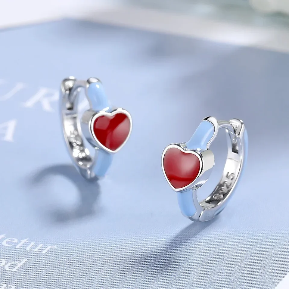 925 Sterling Silver Vintage Smalt Red Heart Hoop náušnice pre ženy Dievčatá Piercing šperky Dámska večierok Svadba Pendiente