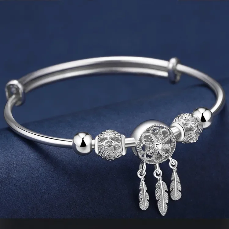 925 Sterling strieborné korálkové náramky pre ženy Dreamcatcher Tassel Feather Bracelet Originálny večierok Svadobné šperky Darčeky
