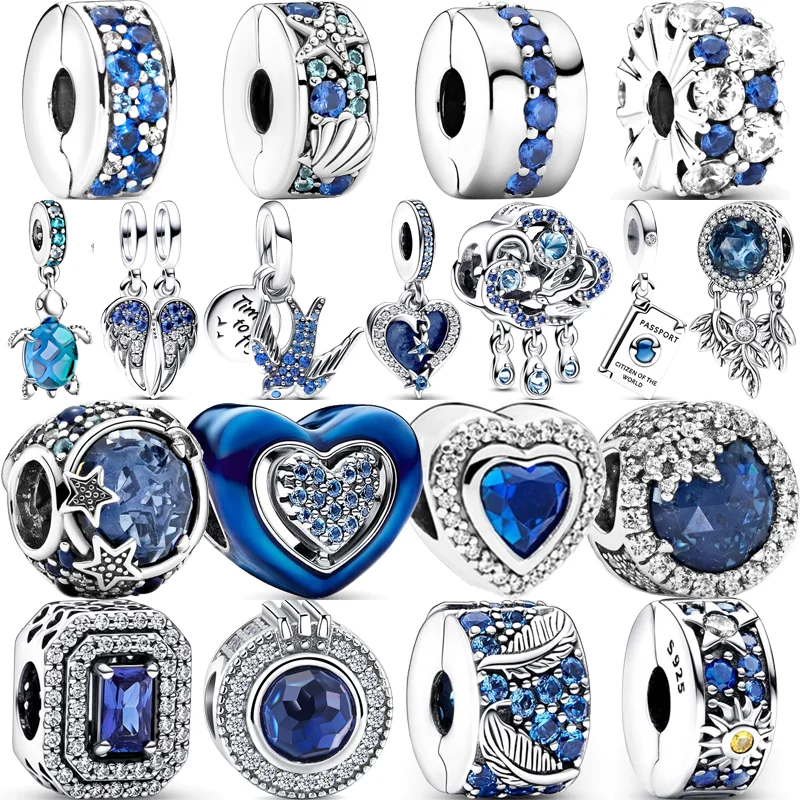 925 Sterling strieborné korálky Fit Original Pandora náramok šumivý modrý zirkón Heart Star Moon Sun Feather Wing DIY kúzlo šperky