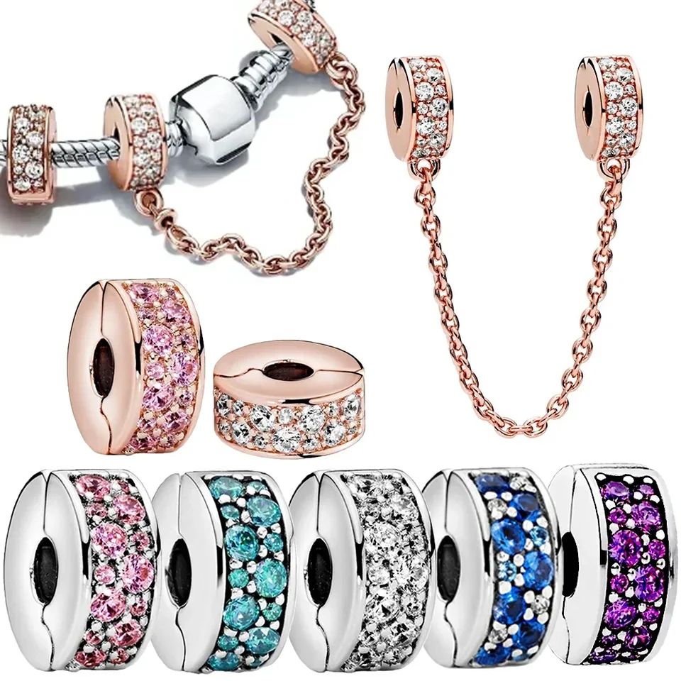 925 Sterling strieborné kúzla Rose Gold Clear Dlaždice bezpečnostná retiazka Clip Fit DIY náramok korálky Ženy Darček s jemnými šperkami