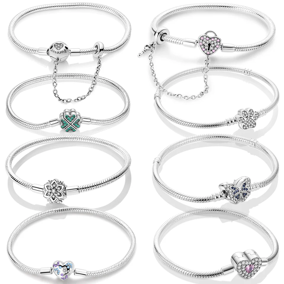 925 Sterling strieborné náramky 17-20 cm Originálny listový ďatelový náramok srdca Fit DIY Charms korálky módne dámske šperky