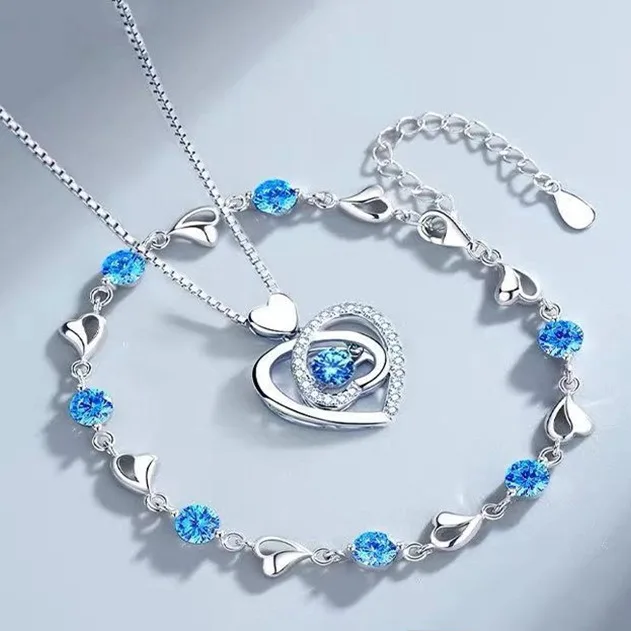 925 Sterling strieborné srdcové náhrdelník Sada pre ženy vintage kórejské modré kryštálové náramky šperky na párty šperky